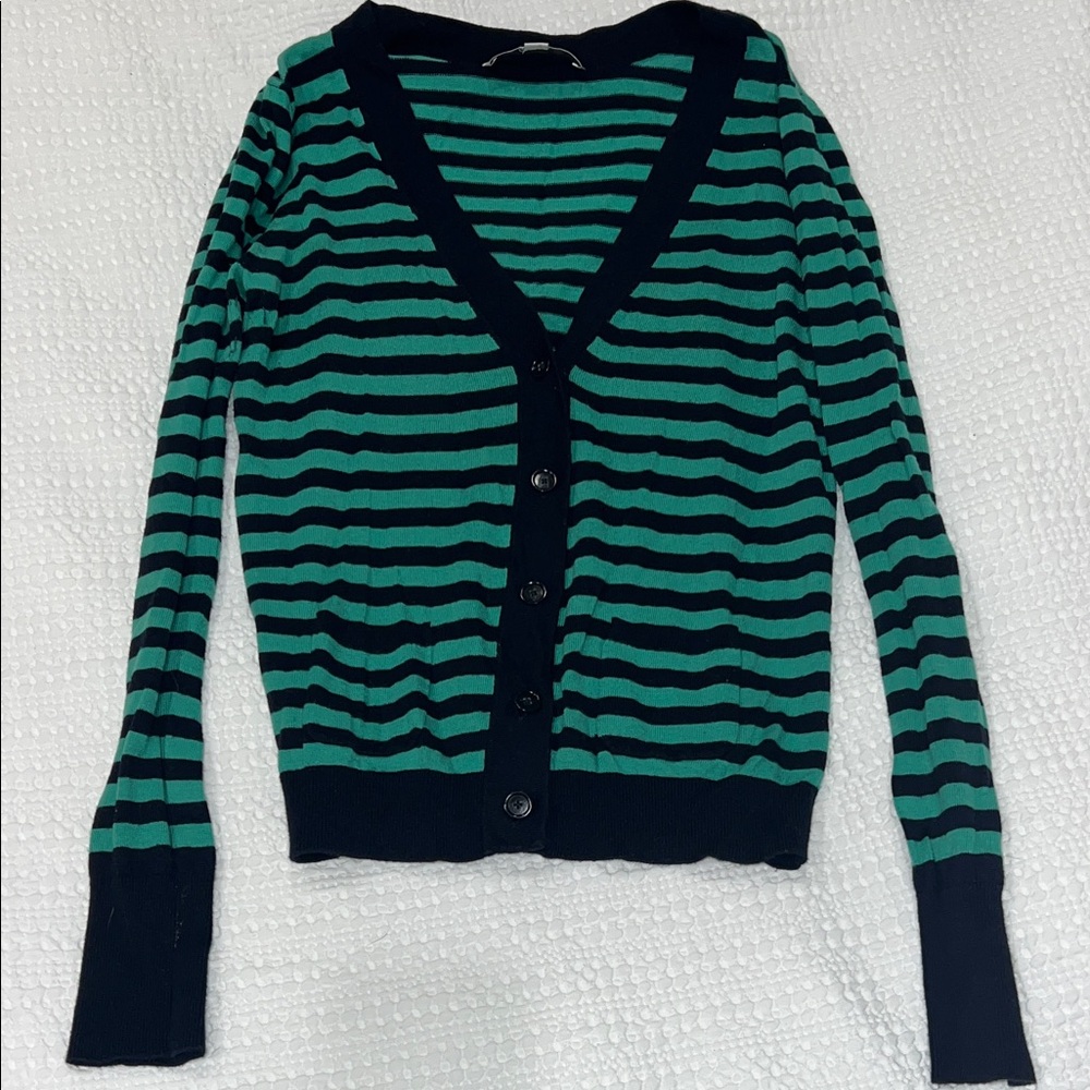 LOFT Green and Black Striped Cardigan